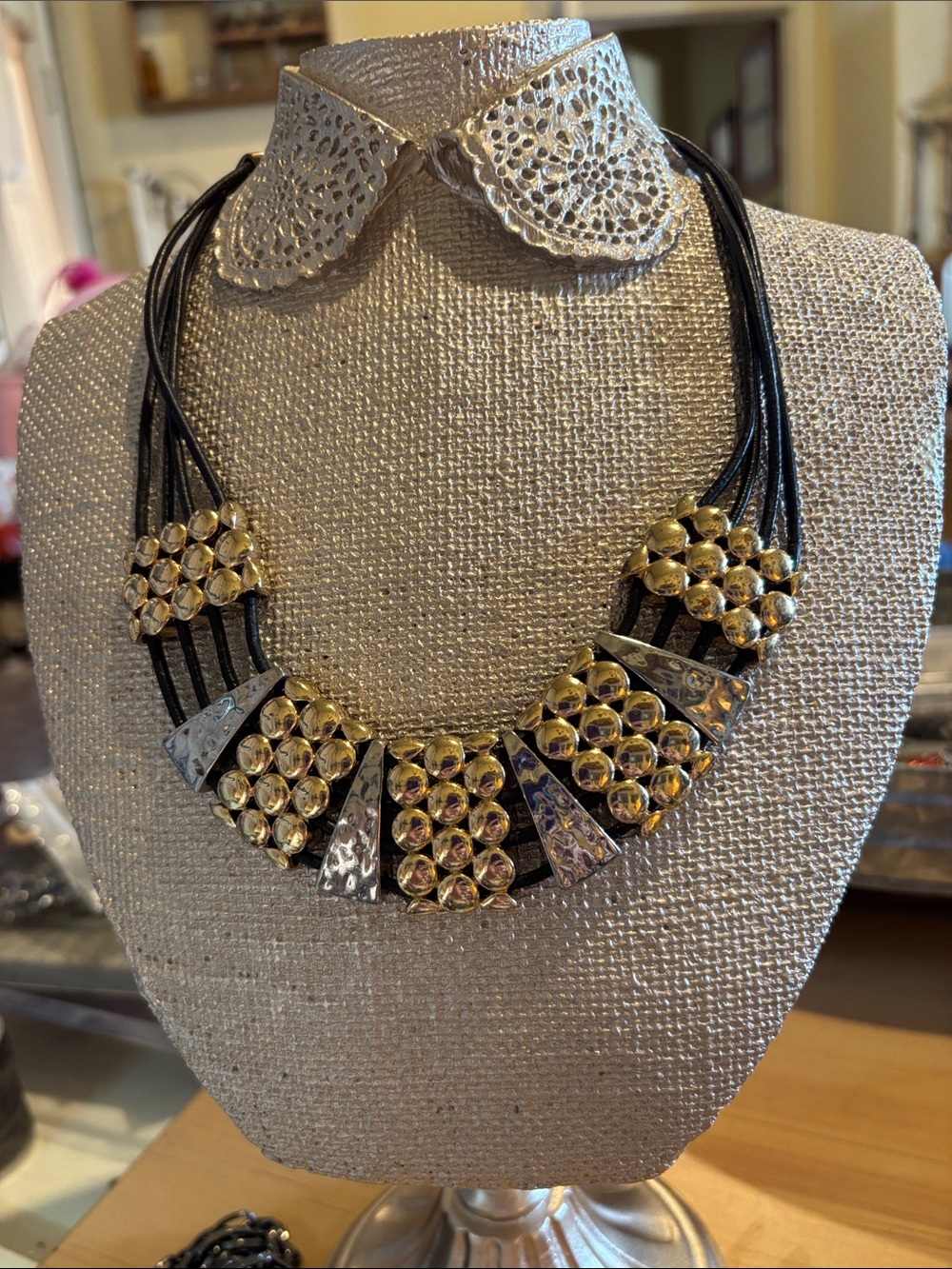 Statement Black Leather Necklace with Gold Accents